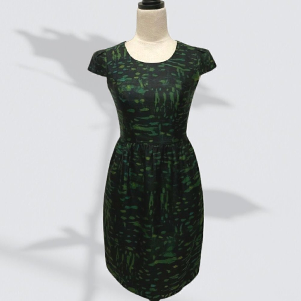 Shoshanna Fit N Flare Silk Blend Green And Black Abstract Dress Size 2